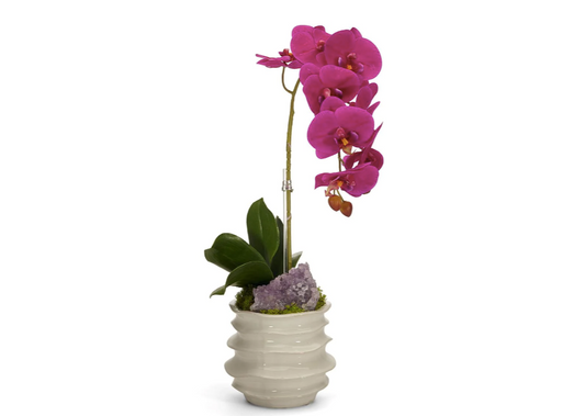 Orquidea individual fucsia, maceta blanca ondas